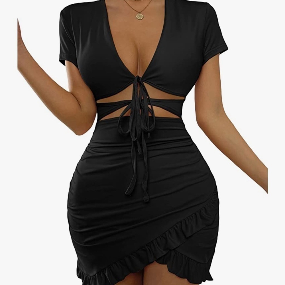 Cut Out Ruffle Ruched Bodycon Mini Short Sleeve Tie Front Wrap Dress